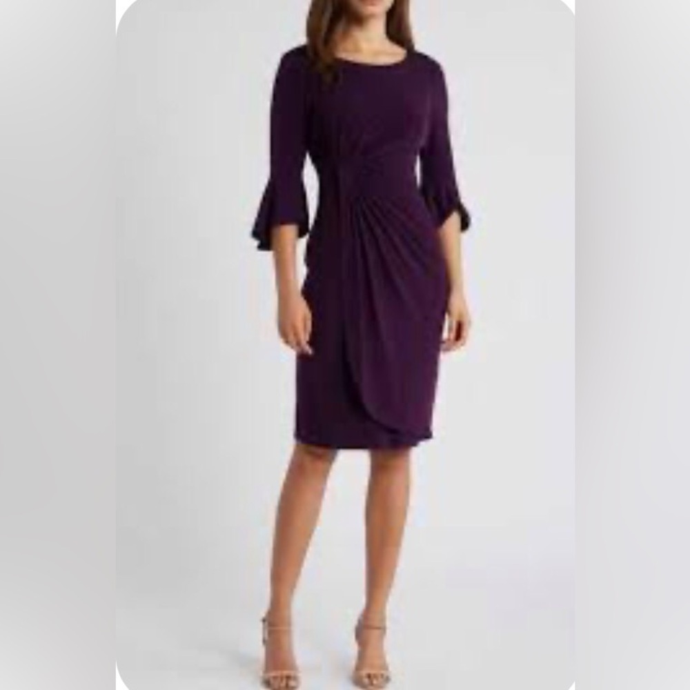Elegant Black Dress with 3/4 Bell Sleeves, Ruched at Waistline